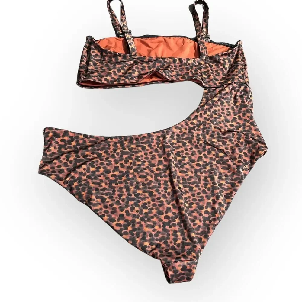 Asos One Piece Swimsuit Womens Plus 18 Black Orange Tortoise Bandeau Cut Out NWT